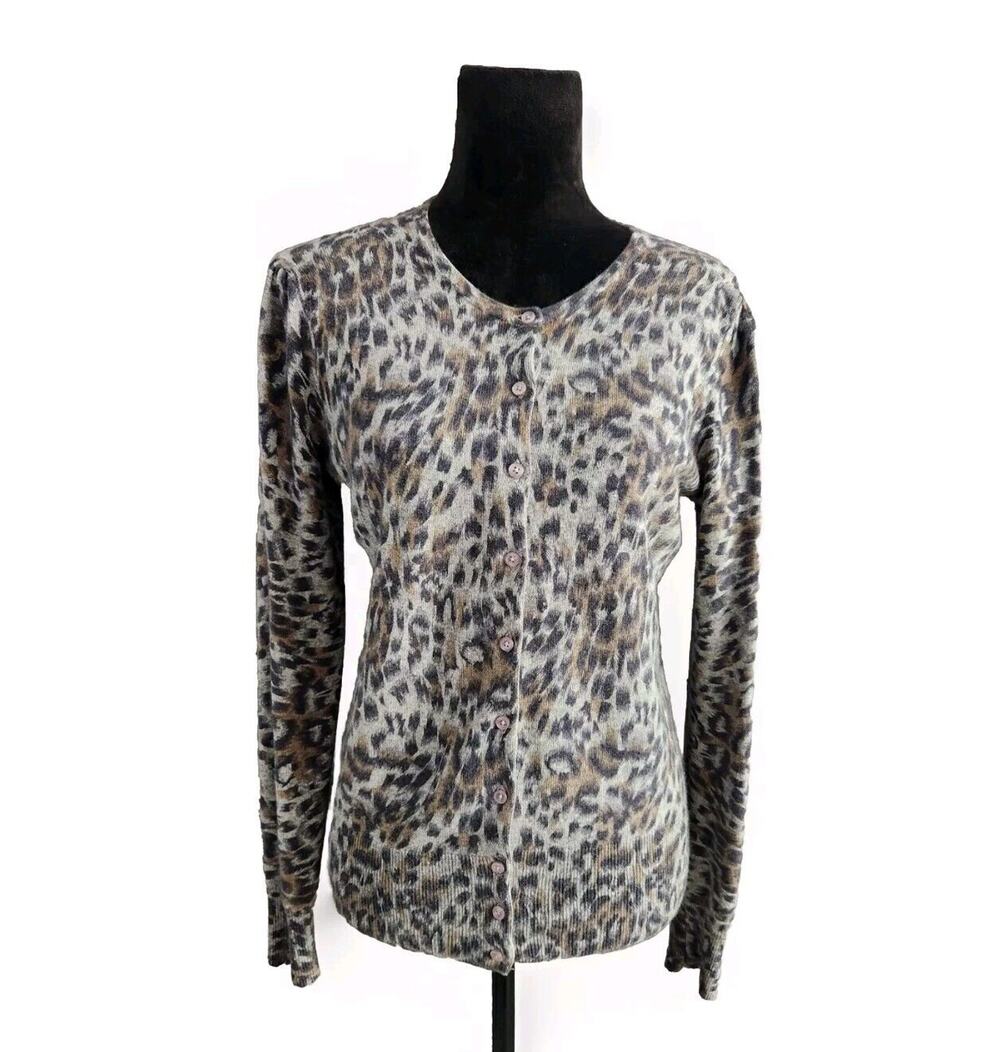 Peck & Peck collection women's cashmere Silk cardigan size L Gray animal print